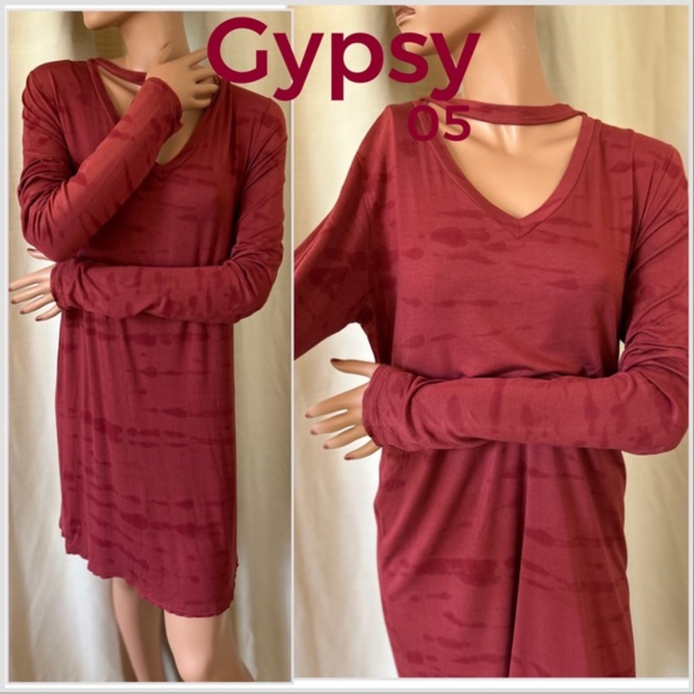NEW Gypsy Flirty Mini with Neck Band Mauve Red Dress Rolled hem Small $158